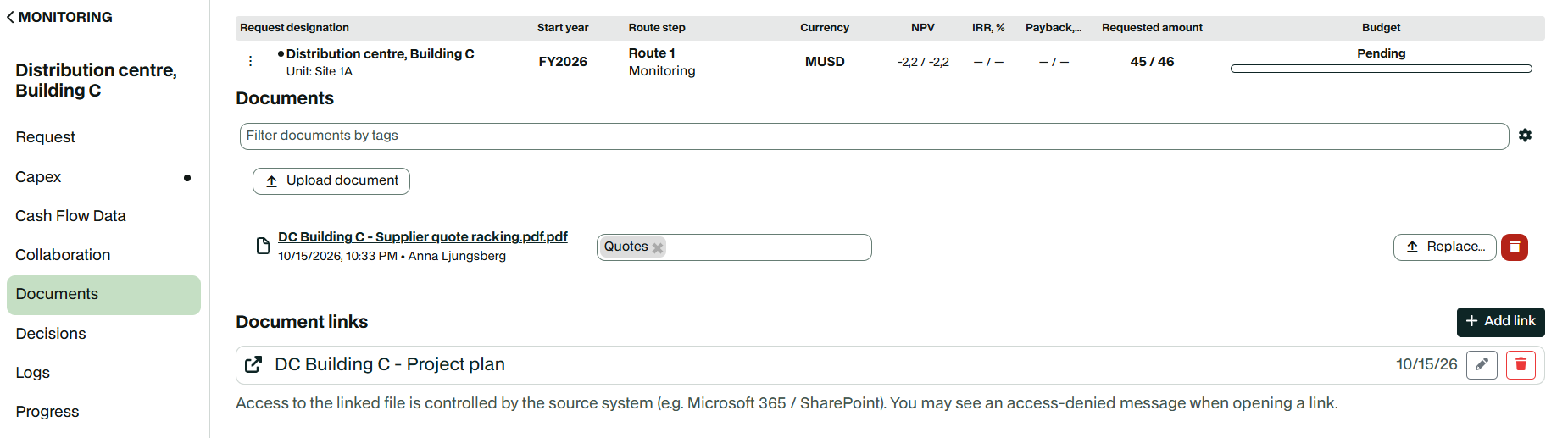 The Document links section has its own Add link button and shows a note that access is controlled by the source system.