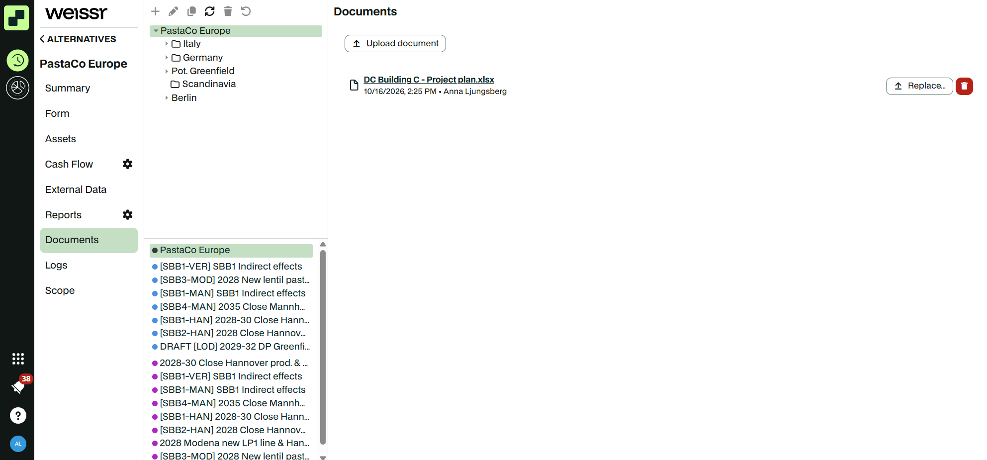 The Documents tab of an alternative, with the Upload document button above the list.