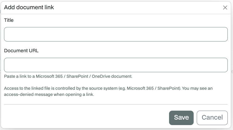 The Add document link dialog. The hint under Document URL lists the supported sources.