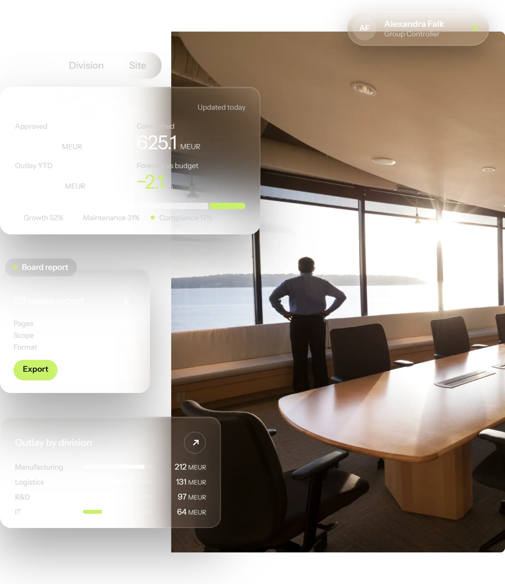Capex reporting dashboard showing approved and committed capital, board reporting and outlay by division