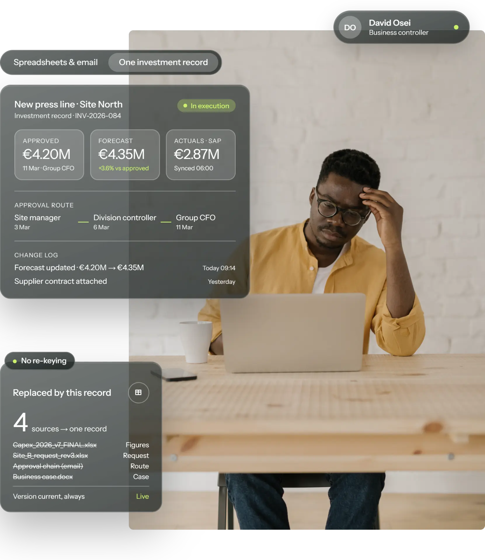 Business controller David Osei at his desk, with one Weissr investment record replacing four spreadsheets and emails