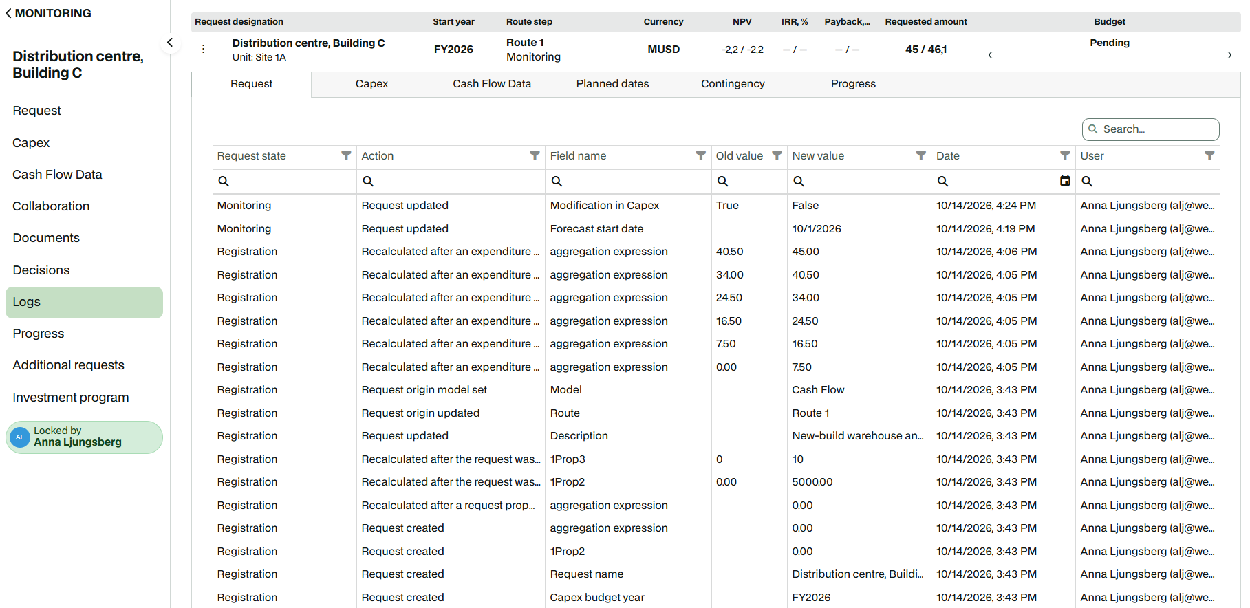Example of a request log with project detail updates.