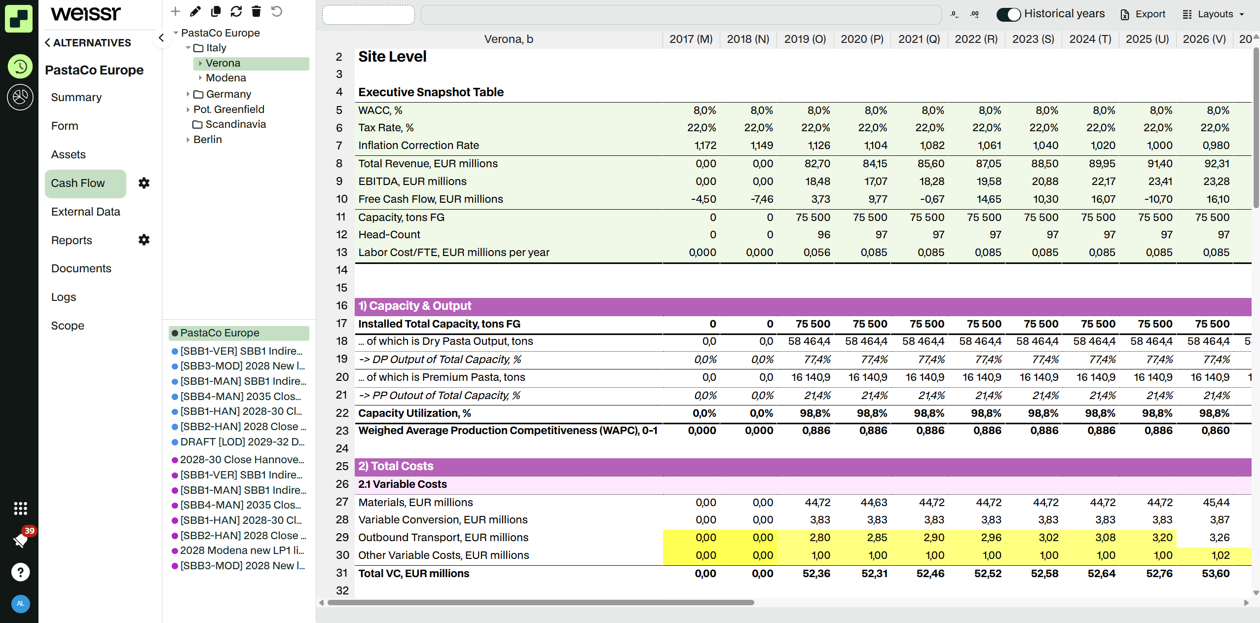 Cash flow tab with a site level sheet.