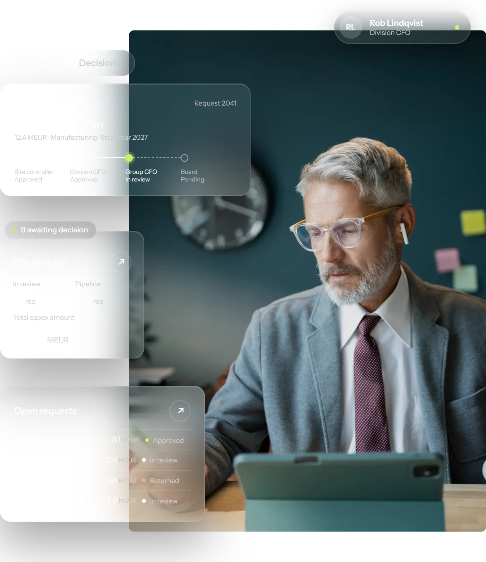 Capex Management approval workflow showing requests, decisions and open investments