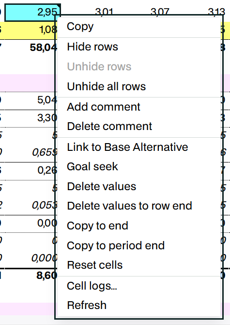 The right-click menu on a cell in the Cash Flow tab.