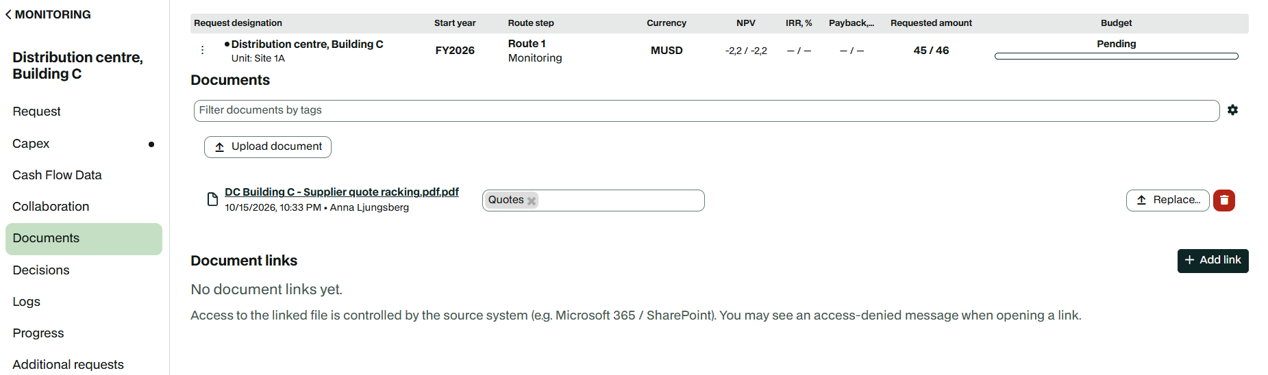Uploaded files are listed under Documents. Document links have their own section below, with an Add link button.