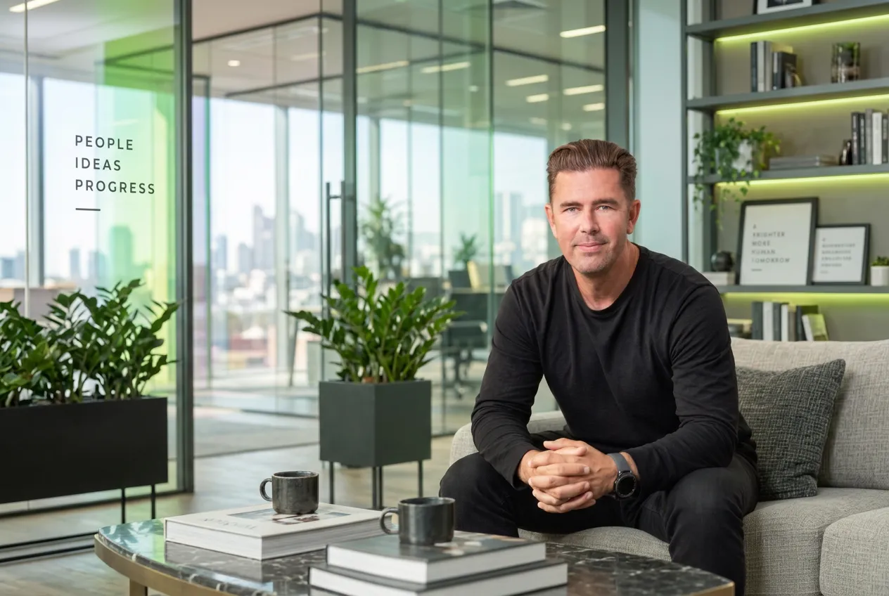 Alexander Edström, CEO of Weissr, seated in a bright modern office with soft green light accents