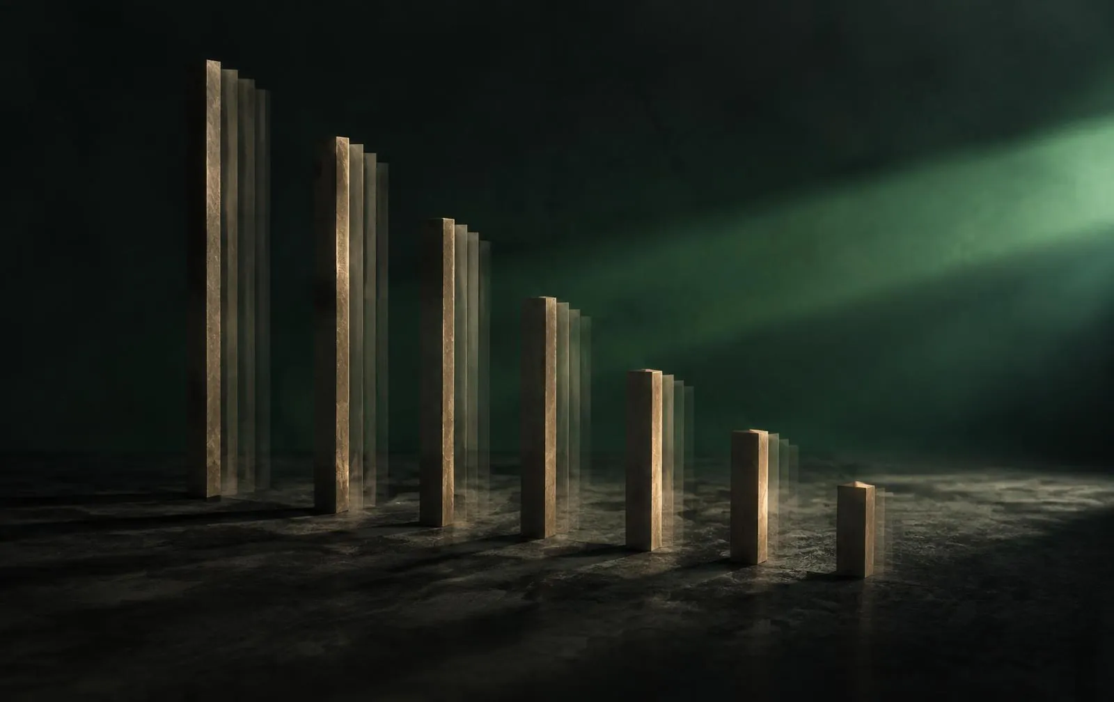 Sand-coloured bars of decreasing height ghosted by earlier versions of themselves under a green light, representing overwritten capex forecasts