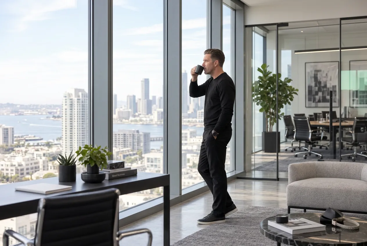 Alexander Edström, CEO of Weissr, standing by floor-to-ceiling windows overlooking the city, drinking coffee