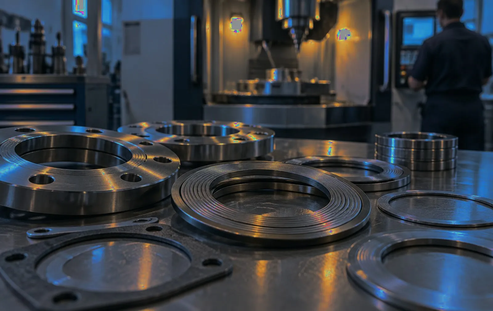Metal gaskets and sealing rings on a workbench in a machining plant