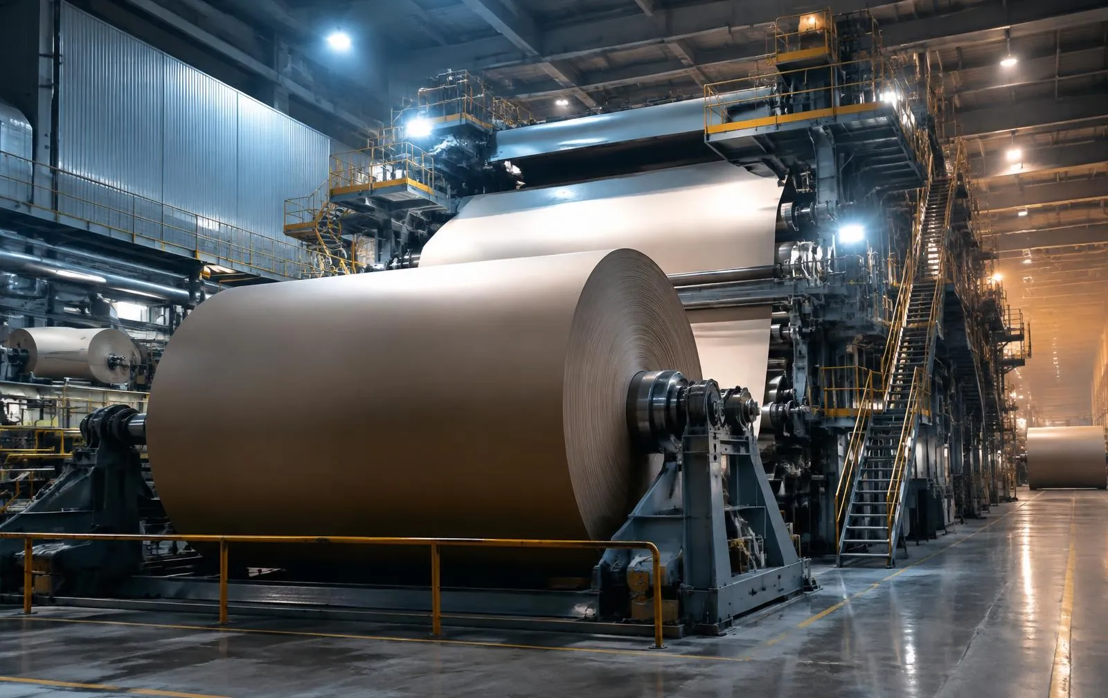 Large paperboard roll on a paper machine inside a mill