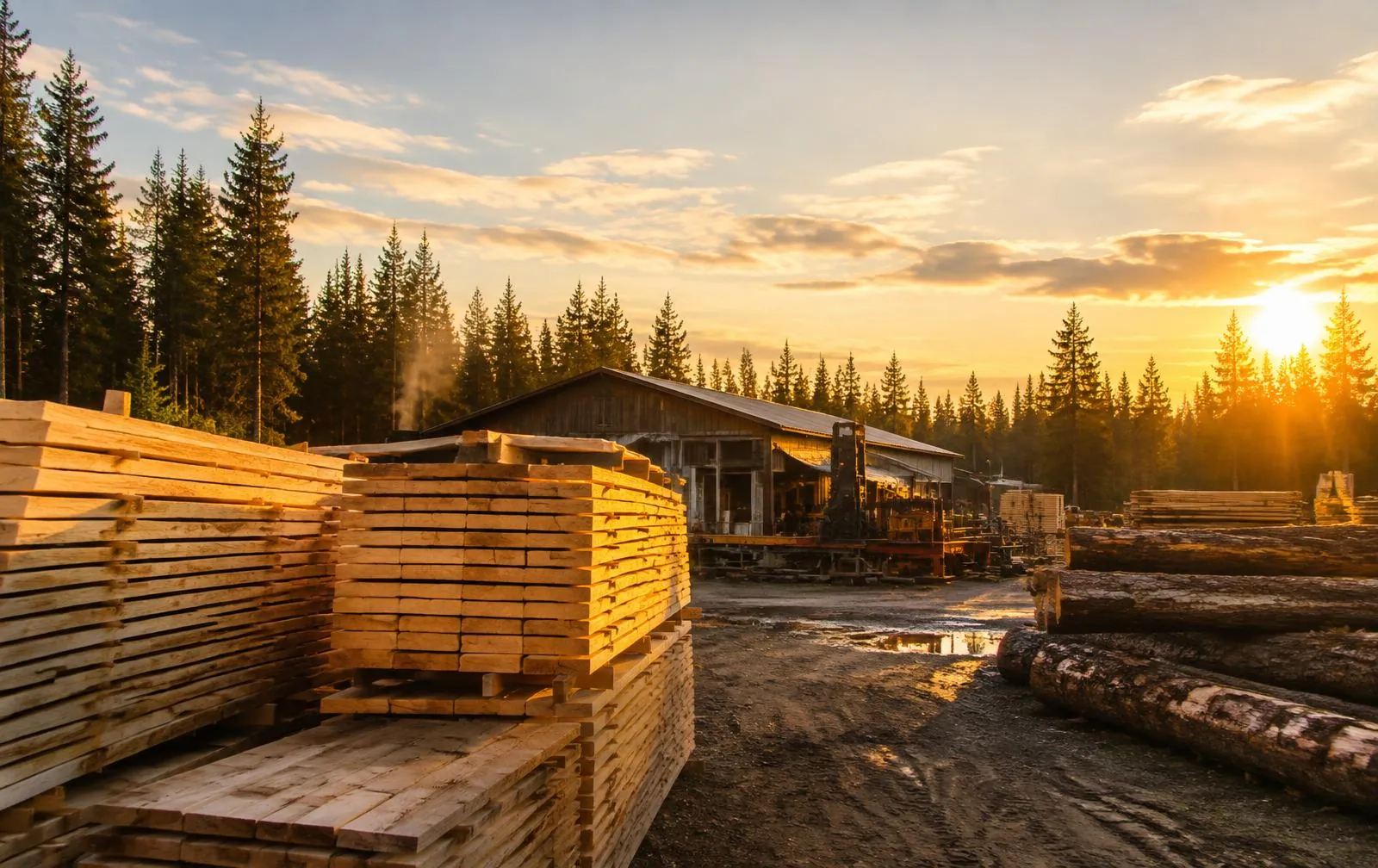 Sawn timber stacked at a Nordic sawmill at sunset