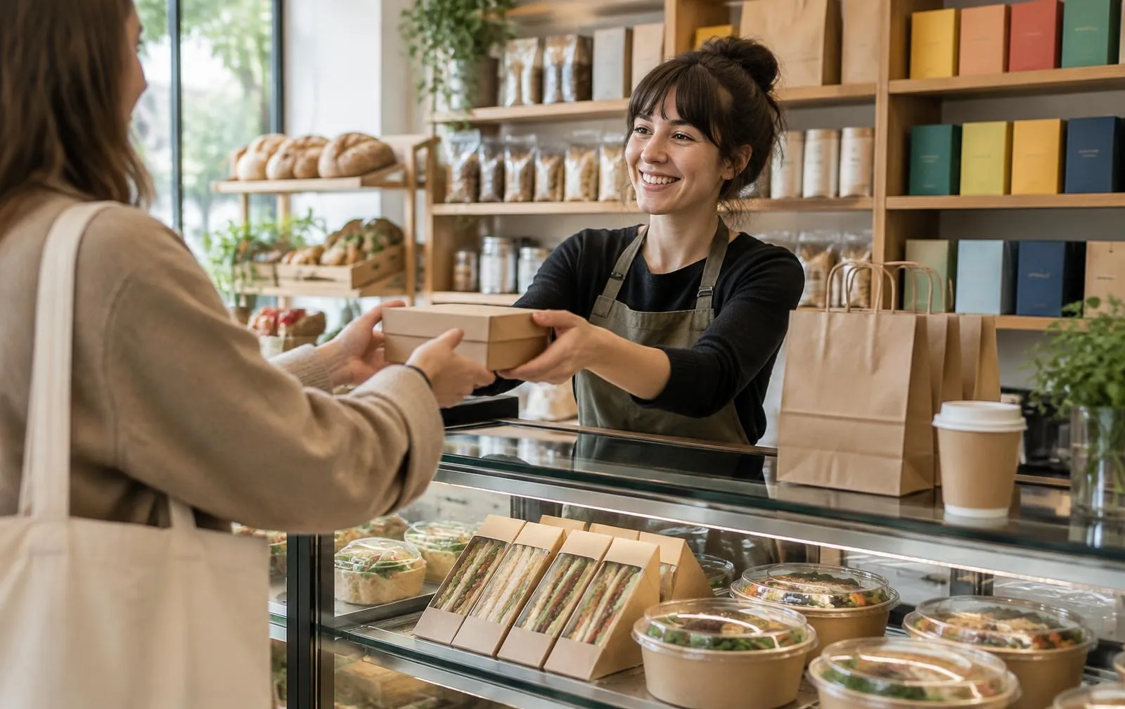 Paperboard sandwich packs, salad bowls and a takeaway box handed over at a deli counter
