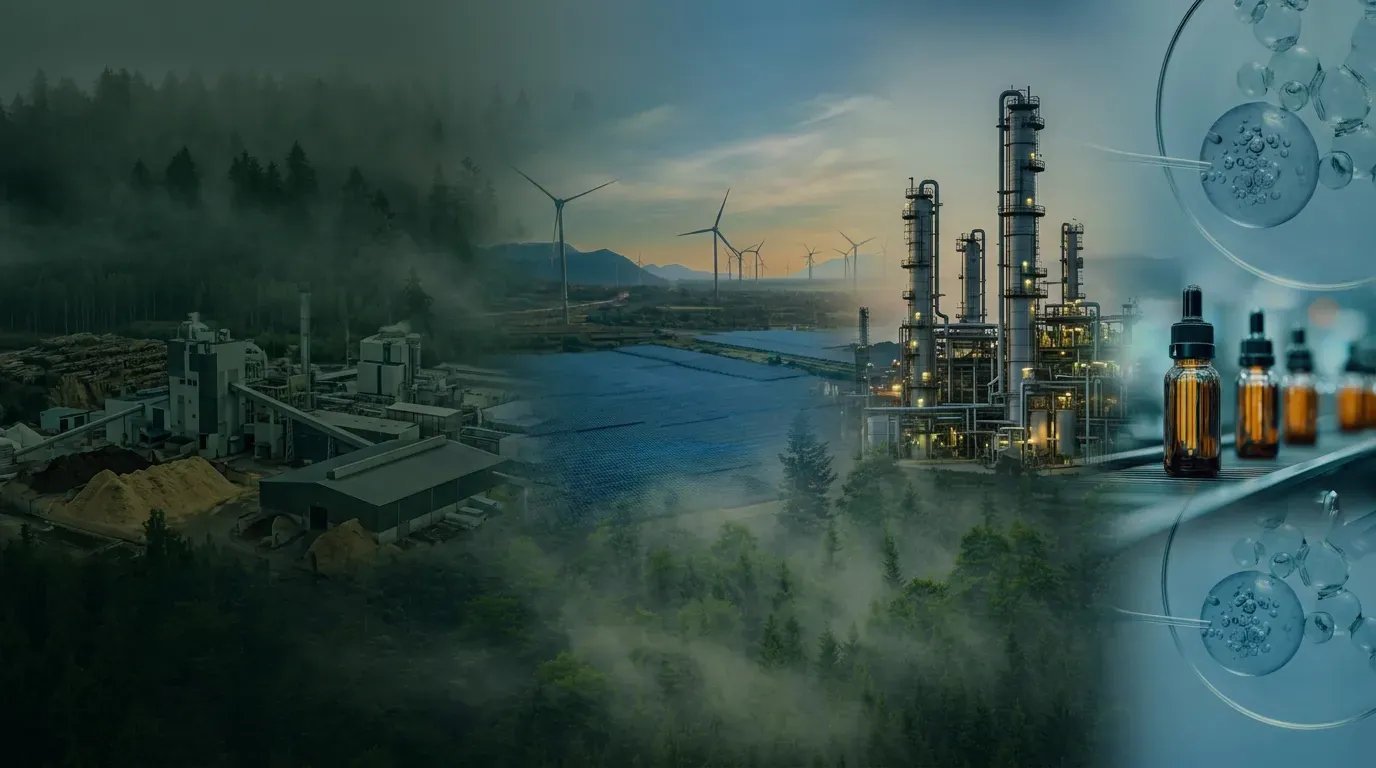 Pulp and paper mill, wind turbines, a chemical plant and pharmaceutical production blended into one scene