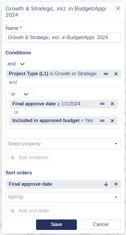 Editing filter condition grouping for a Favorite Filter